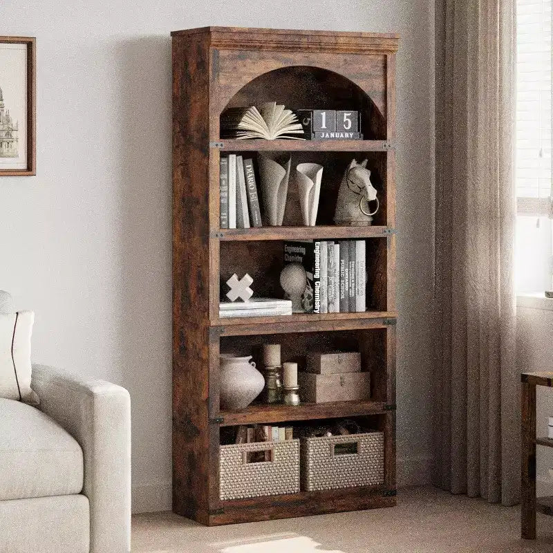 Étagère arquée 5 niveaux style ferme, bibliothèque en bois de 174,5 cm de haut, étagère de rangement incurvée pour salon, bureau, chambre et décoration d'étude