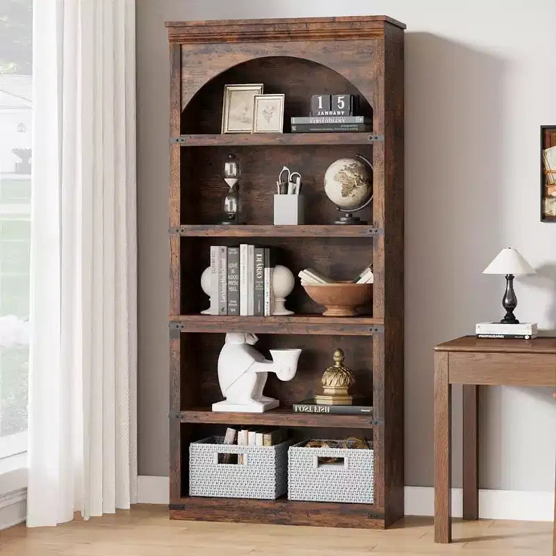 Étagère arquée 5 niveaux style ferme, bibliothèque en bois de 174,5 cm de haut, étagère de rangement incurvée pour salon, bureau, chambre et décoration d'étude
