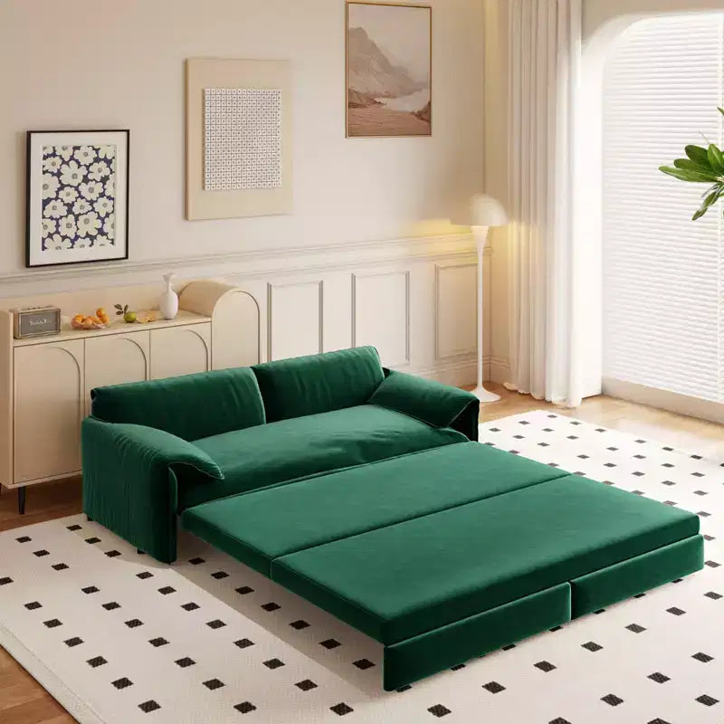 MAYEERTY 66 Queen Pull Out Sofa Bed, 3-in-1 Convertible Sleeper Sofa with Side Storage, Multifunctional Velvet Loveseat Bed for Living Room Bedroom