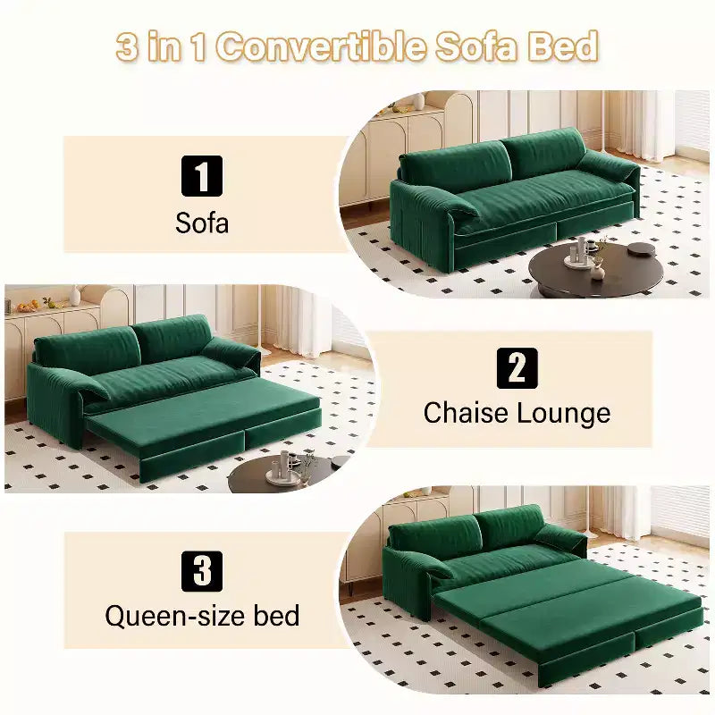 MAYEERTY Canapé-lit escamotable Queen 66, canapé-lit convertible 3-en-1 avec rangement latéral, causeuse multifonctionnelle en velours pour salon et chambre à coucher