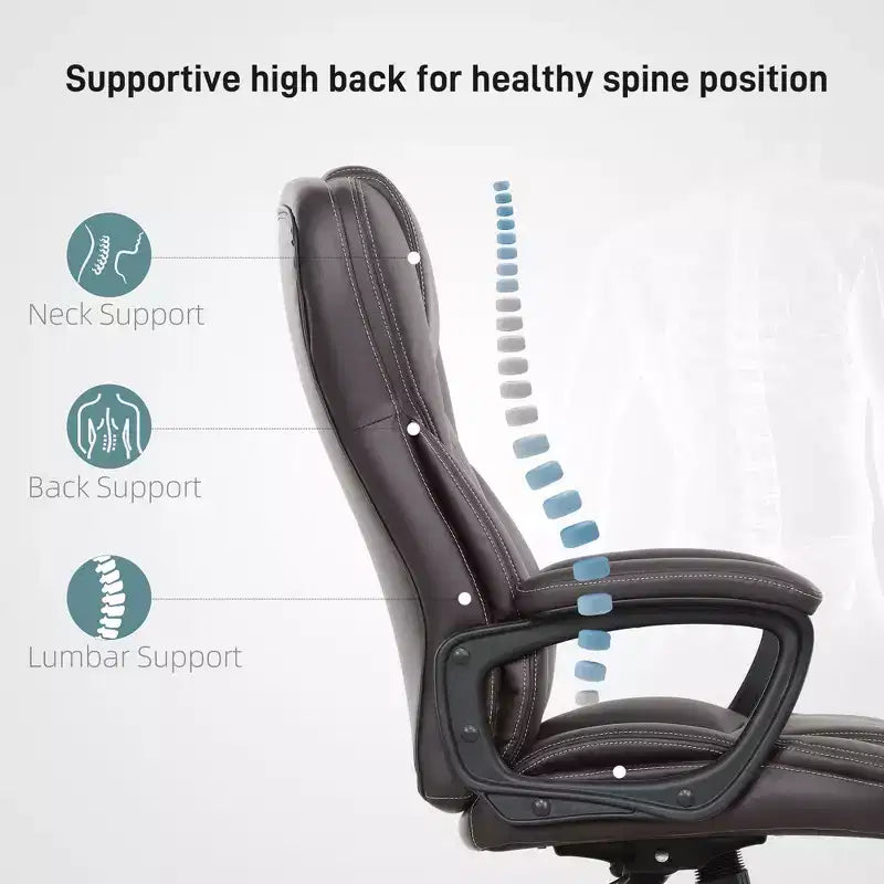 Chaise de bureau ergonomique à dossier haut, fauteuil de direction en cuir PU avec hauteur réglable et roulettes pivotantes