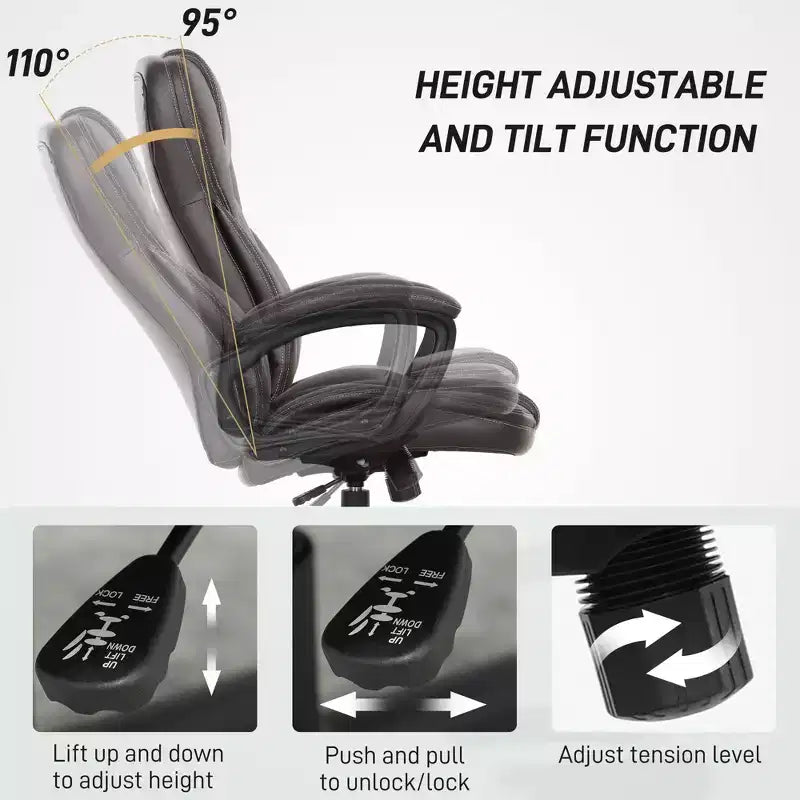 Chaise de bureau ergonomique à dossier haut, fauteuil de direction en cuir PU avec hauteur réglable et roulettes pivotantes