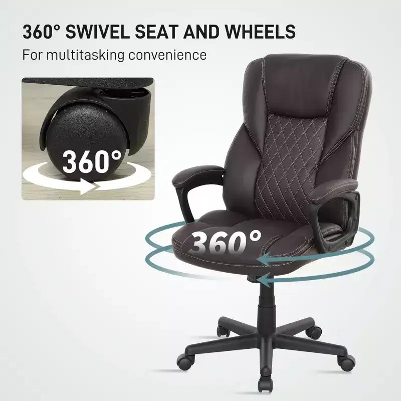 Chaise de bureau ergonomique à dossier haut, fauteuil de direction en cuir PU avec hauteur réglable et roulettes pivotantes