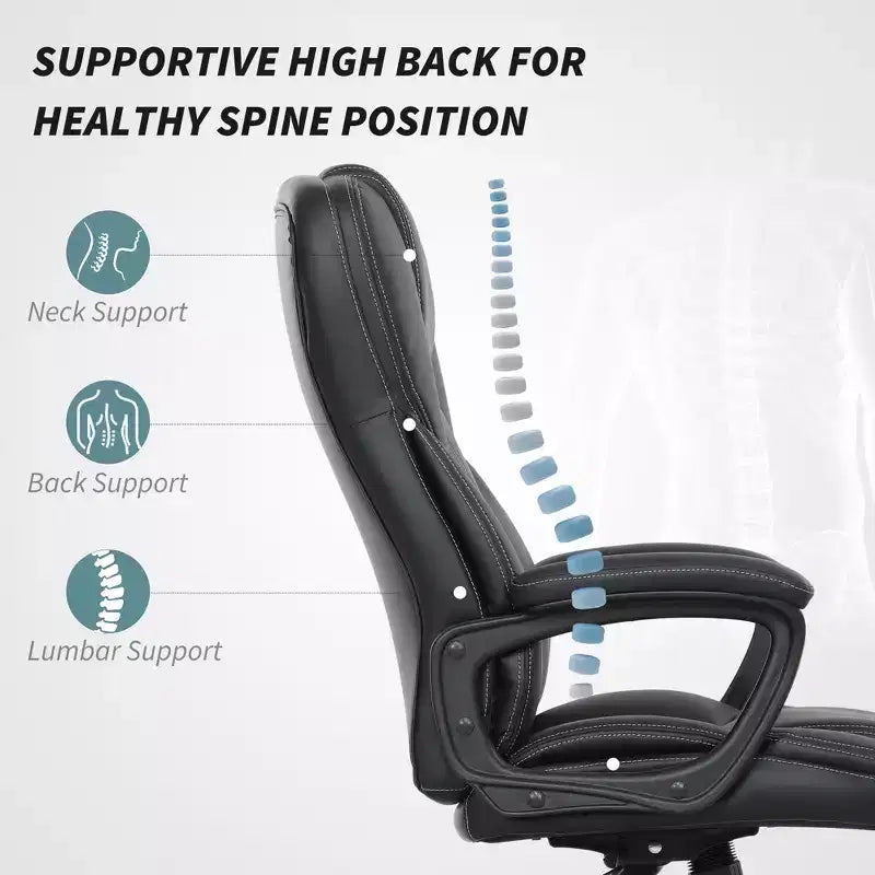 Chaise de bureau ergonomique à dossier haut, fauteuil de direction en cuir PU avec hauteur réglable et roulettes pivotantes