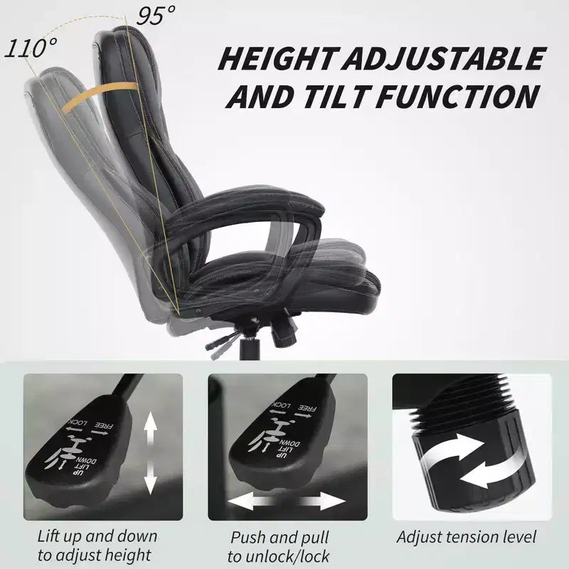 Chaise de bureau ergonomique à dossier haut, fauteuil de direction en cuir PU avec hauteur réglable et roulettes pivotantes