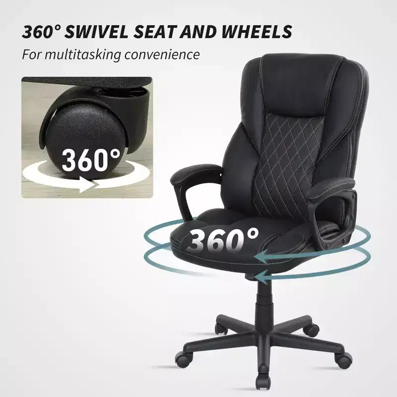 Chaise de bureau ergonomique à dossier haut, fauteuil de direction en cuir PU avec hauteur réglable et roulettes pivotantes
