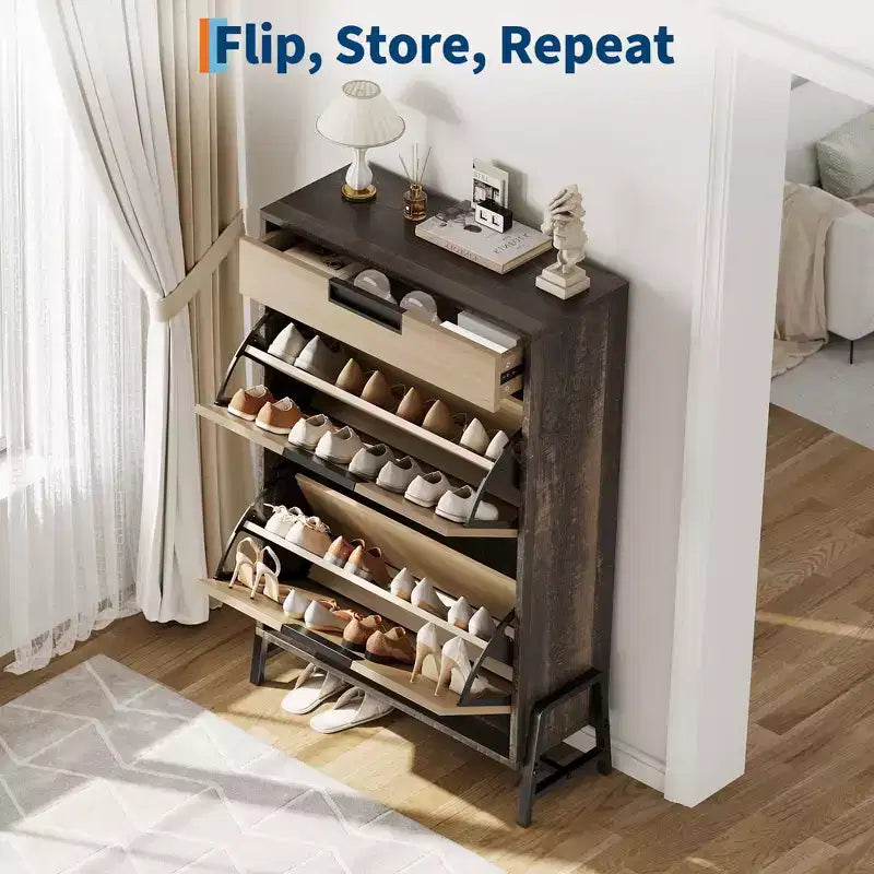 Meuble de rangement pour chaussures avec 3 tiroirs basculants, organiseur d'entrée dissimulé, étagère à chaussures étroite autoportante pour couloir et salon