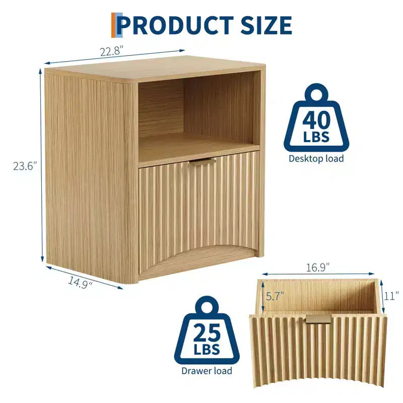 Tables de nuit, Table de chevet cannelée avec tiroir et rangement | Table d'appoint en bois de style Mid-Century Moderne pour chambre à coucher, canapé, bureau | Chêne