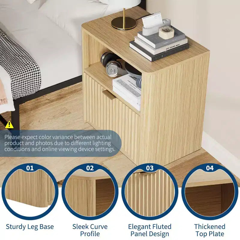 Tables de nuit, Table de chevet cannelée avec tiroir et rangement | Table d'appoint en bois de style Mid-Century Moderne pour chambre à coucher, canapé, bureau | Chêne