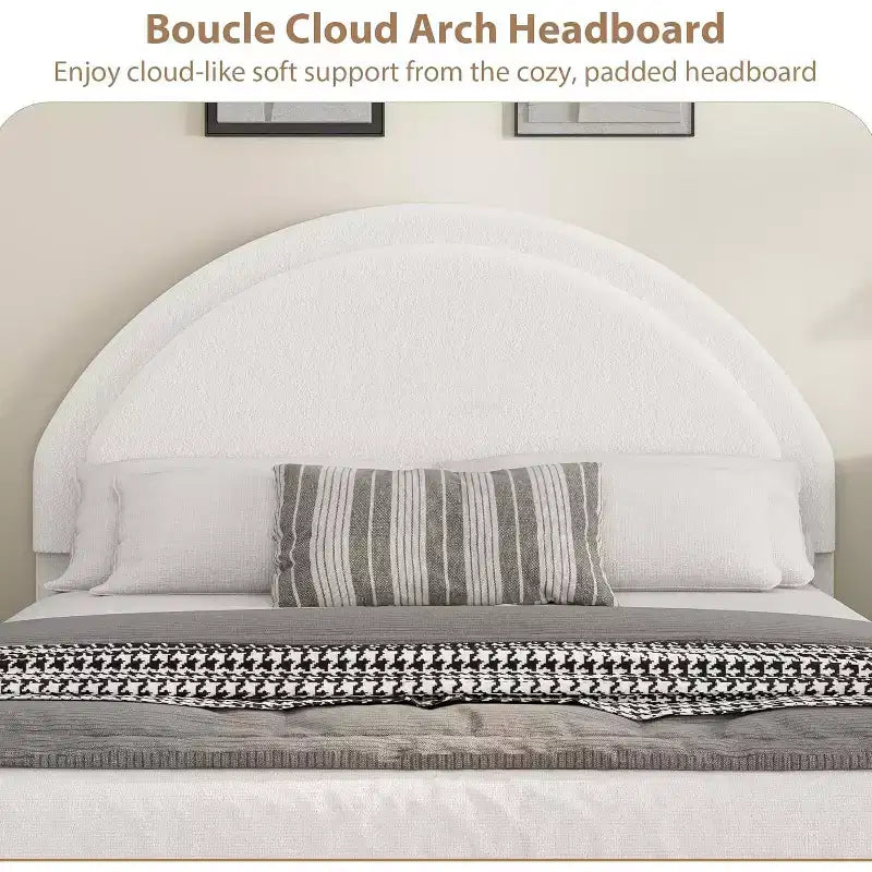 Cadre de lit en tissu bouclette capitonné COZONY double/grand avec tiroirs de rangement, tête de lit ronde, robuste, sans sommier tapissier