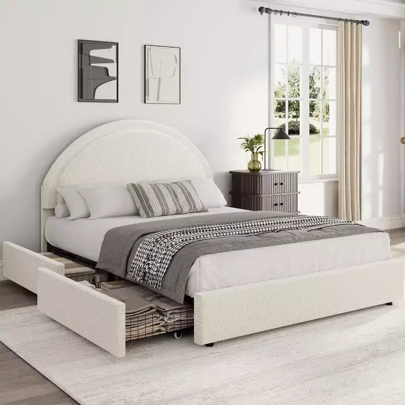 COZONY Twin/Full Upholstered Boucle Bed Frame with Storage Drawers, Round Headboard, Heavy Duty, No Box Spring Needed