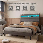 Cadre de lit double, tête de lit avec rangement, station de recharge et lumières LED, tête de lit rembourrée, aucun sommier tapissier requis, montage facile, beige