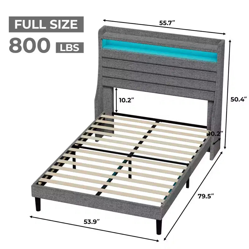 Cadre de lit double, tête de lit avec rangement, station de recharge et lumières LED, tête de lit rembourrée, aucun sommier tapissier requis, montage facile, beige