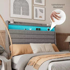 Cadre de lit double, tête de lit avec rangement, station de recharge et lumières LED, tête de lit rembourrée, aucun sommier tapissier requis, montage facile, beige