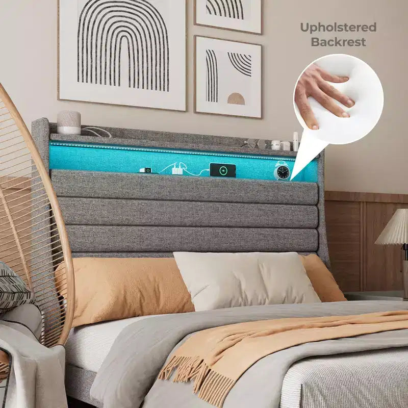 Cadre de lit double, tête de lit avec rangement, station de recharge et lumières LED, tête de lit rembourrée, aucun sommier tapissier requis, montage facile, beige