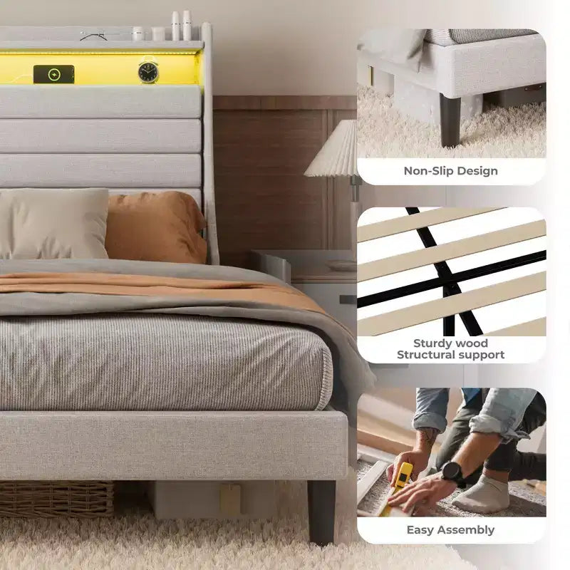 Cadre de lit double, tête de lit avec rangement, station de recharge et lumières LED, tête de lit rembourrée, aucun sommier tapissier requis, montage facile, beige