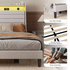 Cadre de lit double, tête de lit avec rangement, station de recharge et lumières LED, tête de lit rembourrée, aucun sommier tapissier requis, montage facile, beige