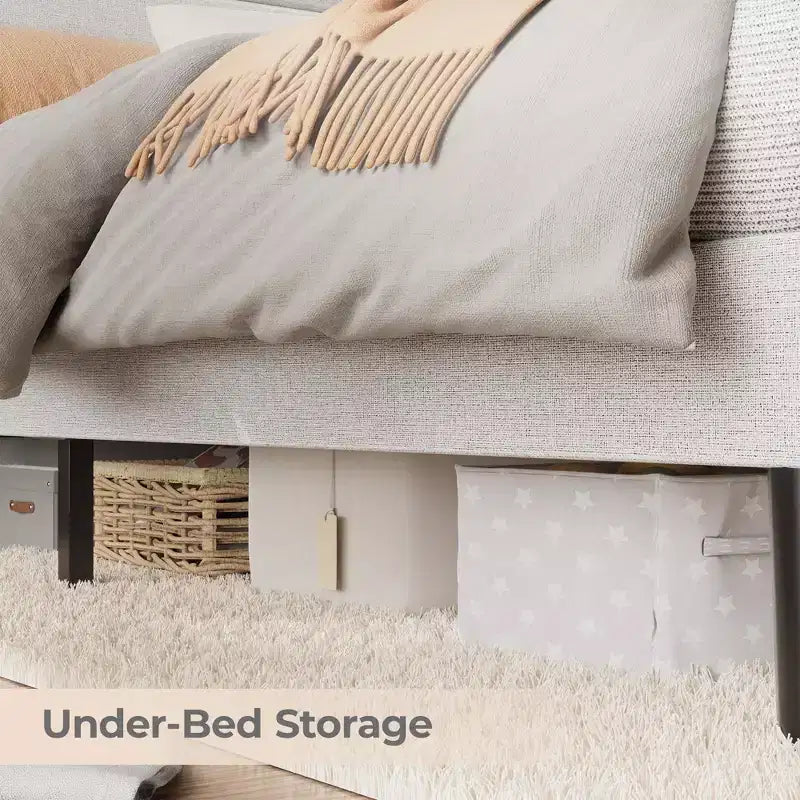 Cadre de lit double, tête de lit avec rangement, station de recharge et lumières LED, tête de lit rembourrée, aucun sommier tapissier requis, montage facile, beige