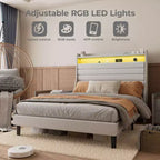 Cadre de lit double, tête de lit avec rangement, station de recharge et lumières LED, tête de lit rembourrée, aucun sommier tapissier requis, montage facile, beige