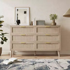 Acekool Rattan Dresser, Farmhouse Chest with Gold Handles, Organizer Storage for Bedroom, Living Room, Oak