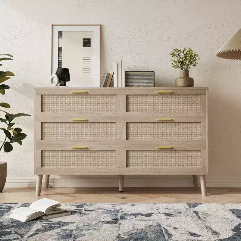 Acekool Rattan Dresser, Farmhouse Chest with Gold Handles, Organizer Storage for Bedroom, Living Room, Oak