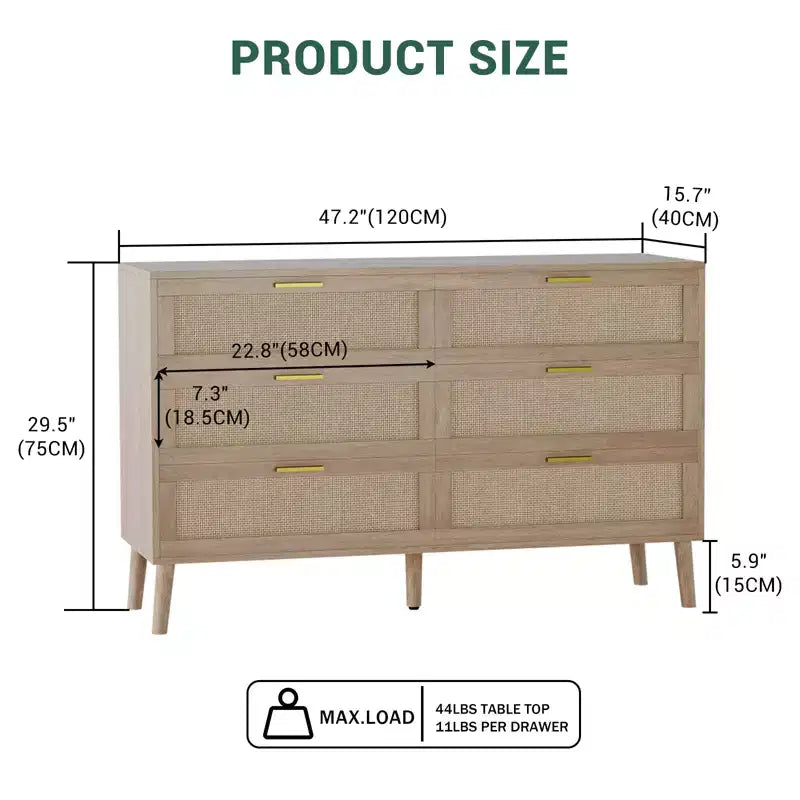 Commode en rotin Acekool, commode de style ferme avec poignées dorées, rangement organisateur pour chambre à coucher, salon, chêne
