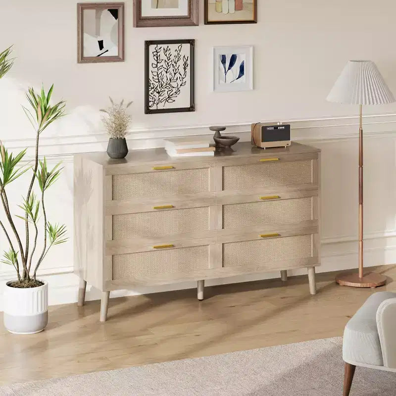 Commode en rotin Acekool, commode de style ferme avec poignées dorées, rangement organisateur pour chambre à coucher, salon, chêne