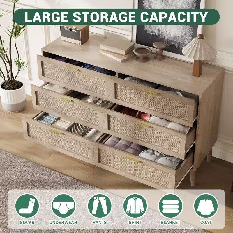 Commode en rotin Acekool, commode de style ferme avec poignées dorées, rangement organisateur pour chambre à coucher, salon, chêne