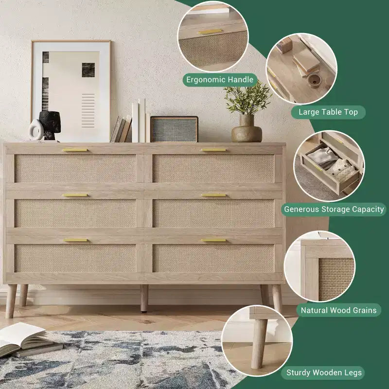 Commode en rotin Acekool, commode de style ferme avec poignées dorées, rangement organisateur pour chambre à coucher, salon, chêne