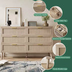 Commode en rotin Acekool, commode de style ferme avec poignées dorées, rangement organisateur pour chambre à coucher, salon, chêne