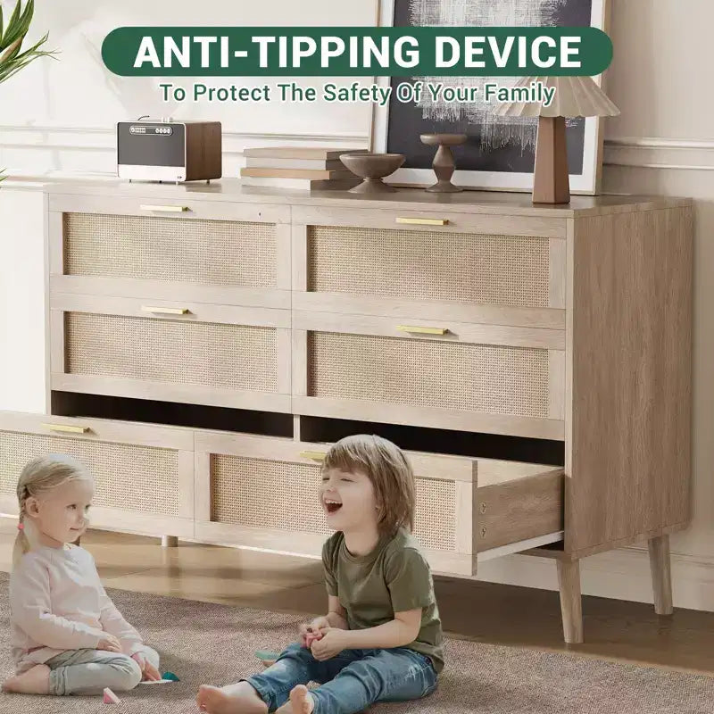 Commode en rotin Acekool, commode de style ferme avec poignées dorées, rangement organisateur pour chambre à coucher, salon, chêne