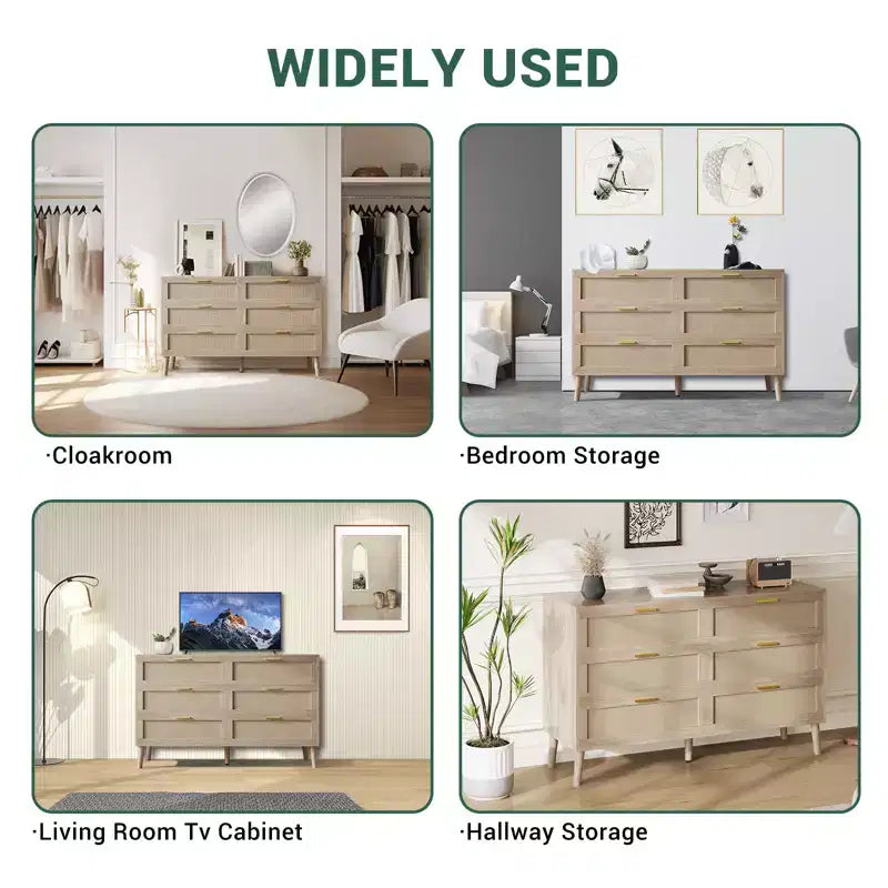 Commode en rotin Acekool, commode de style ferme avec poignées dorées, rangement organisateur pour chambre à coucher, salon, chêne