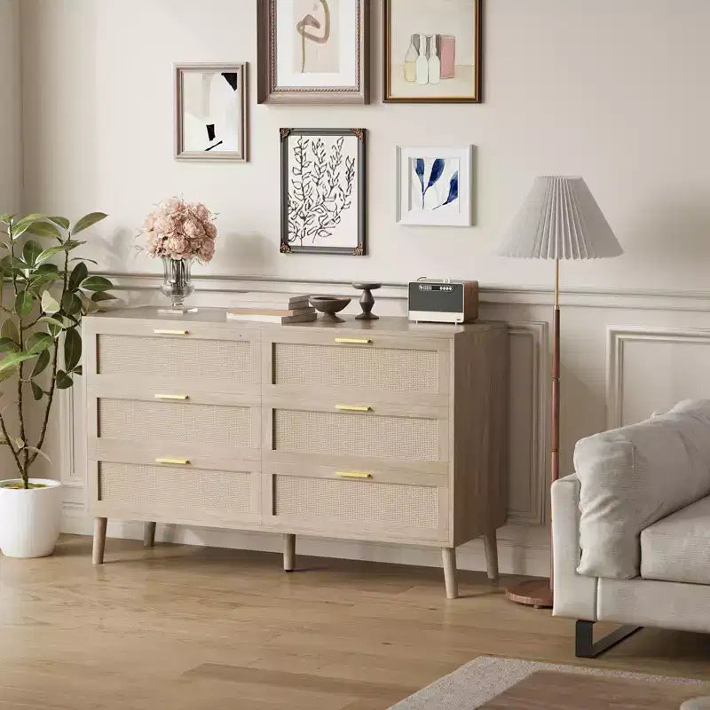Commode en rotin Acekool, commode de style ferme avec poignées dorées, rangement organisateur pour chambre à coucher, salon, chêne