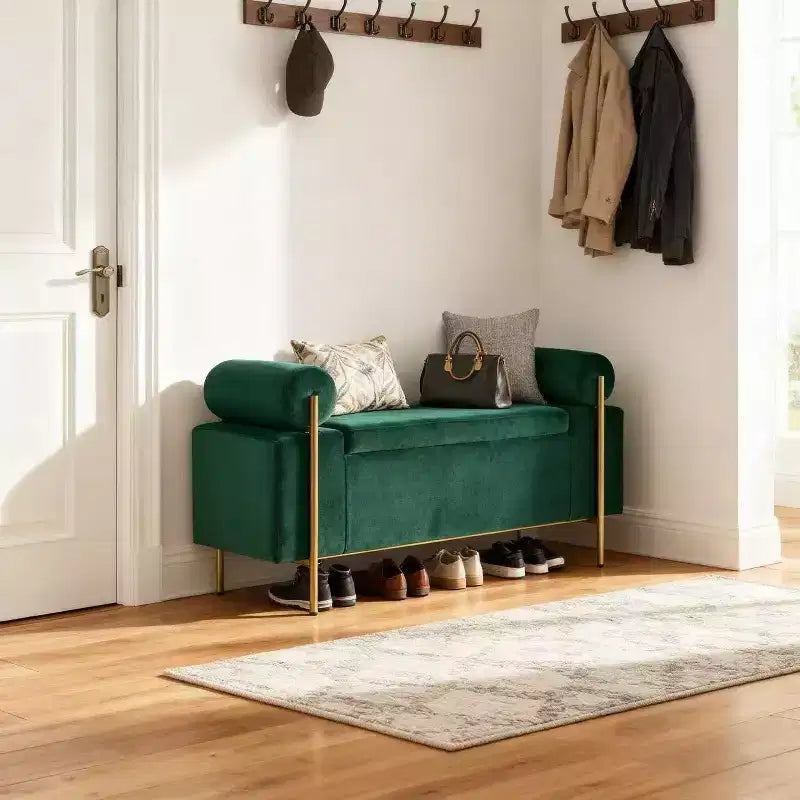Banc de rangement rembourré Homy Casa avec accoudoirs cylindriques, banc ottoman de chambre ou d'entrée moderne avec rangement caché, vert émeraude