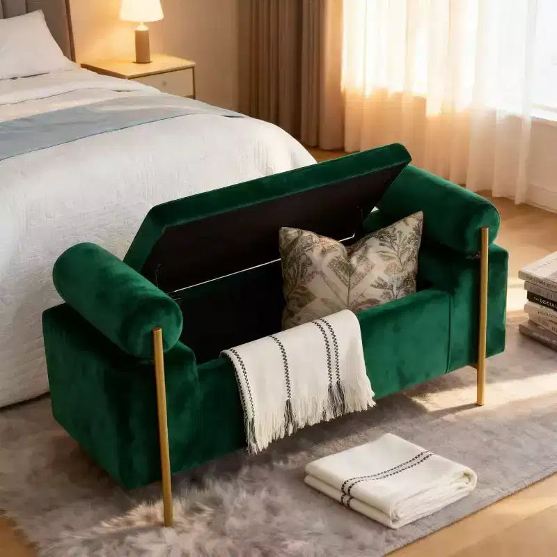 Banc de rangement rembourré Homy Casa avec accoudoirs cylindriques, banc ottoman de chambre ou d'entrée moderne avec rangement caché, vert émeraude
