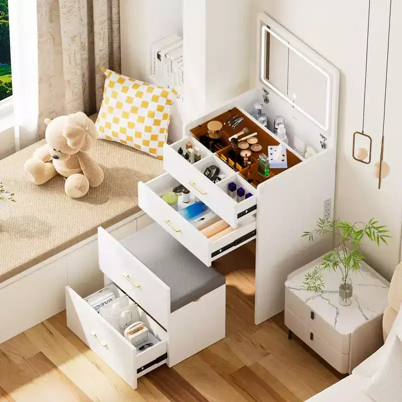 Okak Coiffeuse compacte de 60 cm avec miroir escamotable, coiffeuse compacte avec rangement dissimulé, tabouret de maquillage, coiffeuse avec prise de courant, blanc