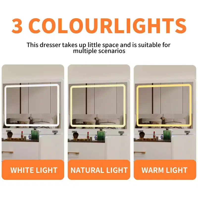 Okak Coiffeuse compacte de 60 cm avec miroir escamotable, coiffeuse compacte avec rangement dissimulé, tabouret de maquillage, coiffeuse avec prise de courant, blanc