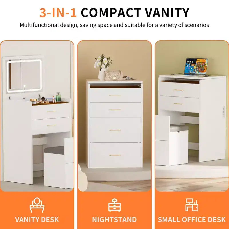 Okak Coiffeuse compacte de 60 cm avec miroir escamotable, coiffeuse compacte avec rangement dissimulé, tabouret de maquillage, coiffeuse avec prise de courant, blanc
