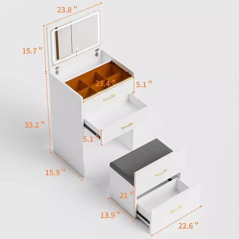 Okak Coiffeuse compacte de 60 cm avec miroir escamotable, coiffeuse compacte avec rangement dissimulé, tabouret de maquillage, coiffeuse avec prise de courant, blanc