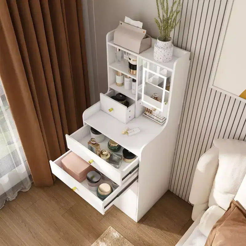 Coiffeuse compacte Okak 3-en-1 avec miroir et tabouret de rangement, coiffeuse compacte avec 4 tiroirs et étagères ouvertes, coiffeuse pour chambre à coucher, blanc
