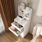 Coiffeuse compacte Okak 3-en-1 avec miroir et tabouret de rangement, coiffeuse compacte avec 4 tiroirs et étagères ouvertes, coiffeuse pour chambre à coucher, blanc