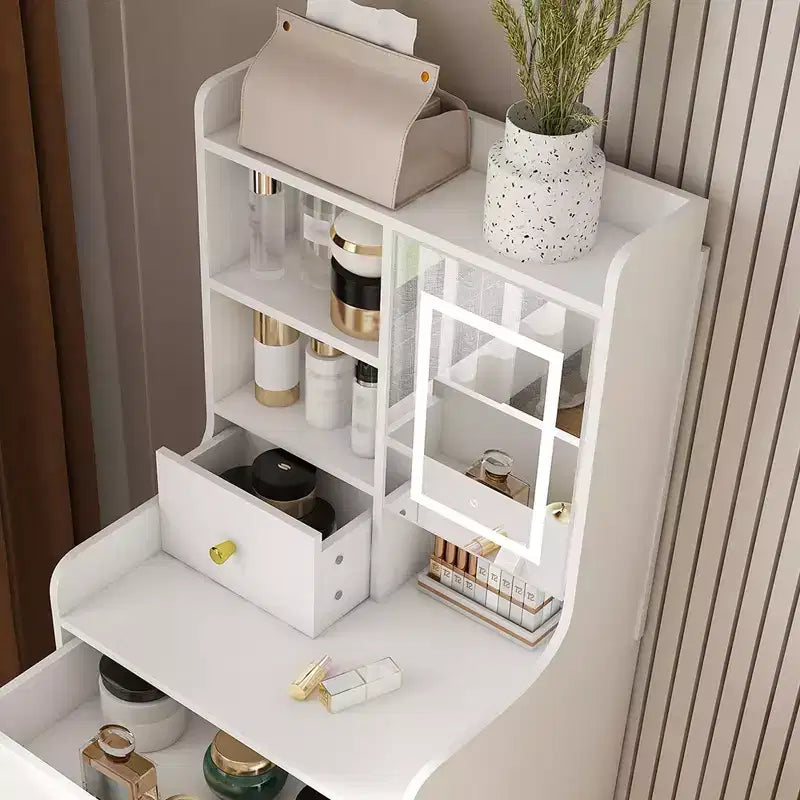 Coiffeuse compacte Okak 3-en-1 avec miroir et tabouret de rangement, coiffeuse compacte avec 4 tiroirs et étagères ouvertes, coiffeuse pour chambre à coucher, blanc