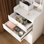 Coiffeuse compacte Okak 3-en-1 avec miroir et tabouret de rangement, coiffeuse compacte avec 4 tiroirs et étagères ouvertes, coiffeuse pour chambre à coucher, blanc
