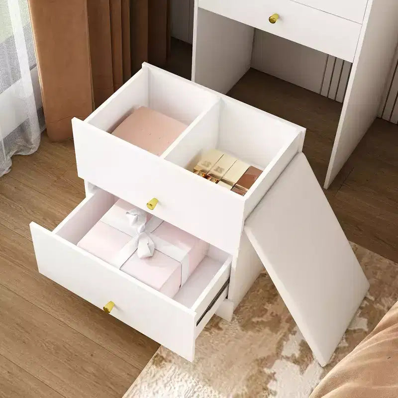 Coiffeuse compacte Okak 3-en-1 avec miroir et tabouret de rangement, coiffeuse compacte avec 4 tiroirs et étagères ouvertes, coiffeuse pour chambre à coucher, blanc