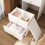 Coiffeuse compacte Okak 3-en-1 avec miroir et tabouret de rangement, coiffeuse compacte avec 4 tiroirs et étagères ouvertes, coiffeuse pour chambre à coucher, blanc