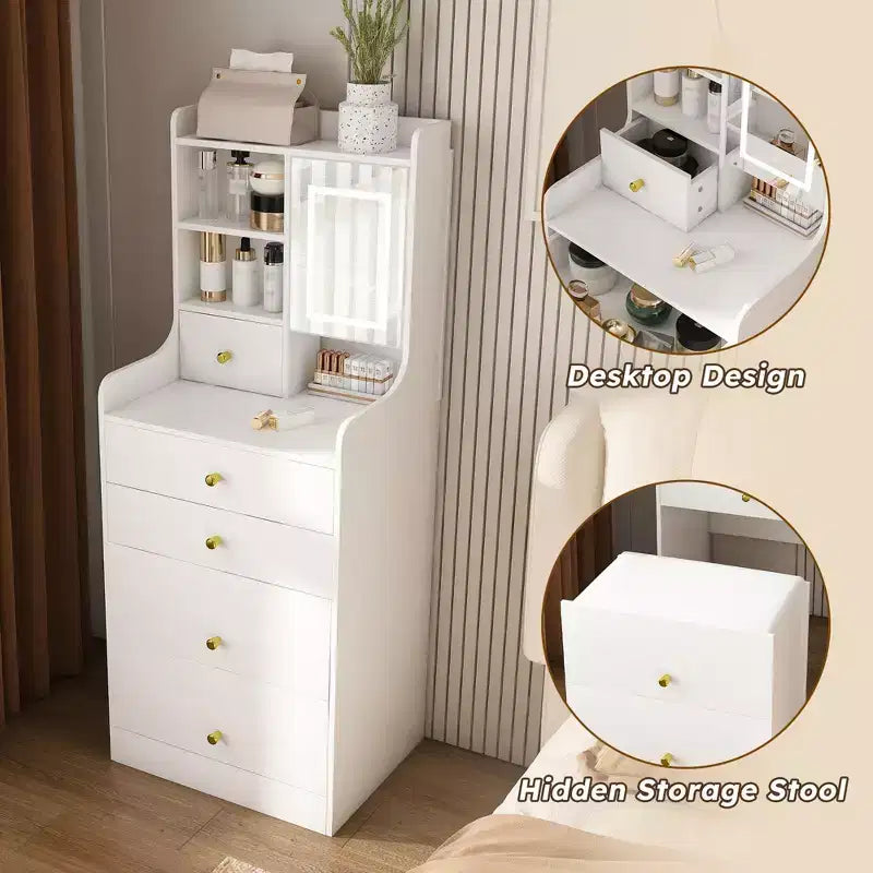 Coiffeuse compacte Okak 3-en-1 avec miroir et tabouret de rangement, coiffeuse compacte avec 4 tiroirs et étagères ouvertes, coiffeuse pour chambre à coucher, blanc