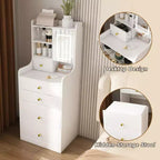 Coiffeuse compacte Okak 3-en-1 avec miroir et tabouret de rangement, coiffeuse compacte avec 4 tiroirs et étagères ouvertes, coiffeuse pour chambre à coucher, blanc