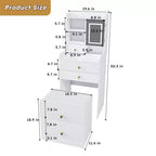 Coiffeuse compacte Okak 3-en-1 avec miroir et tabouret de rangement, coiffeuse compacte avec 4 tiroirs et étagères ouvertes, coiffeuse pour chambre à coucher, blanc