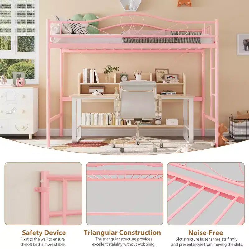 Lit mezzanine double robuste, cadre en métal de 181 kg avec échelle et barrière de sécurité, design peu encombrant, sommier tapissier non requis, silencieux, montage facile