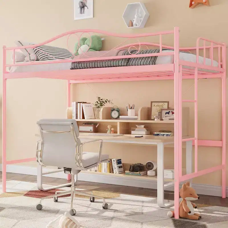 Lit mezzanine double robuste, cadre en métal de 181 kg avec échelle et barrière de sécurité, design peu encombrant, sommier tapissier non requis, silencieux, montage facile